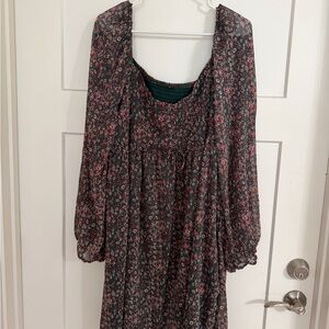 Dark Floral Long Sleeve Smocked Dress